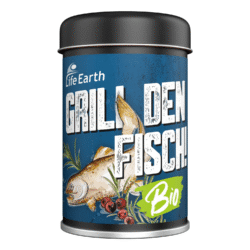 Bio Fisch Grillgewürz in der Dose von Life EarthDa springt der Fisch fast von selbst auf den Grill! Die sorgfältig aufeinander abgestimmten Zutaten dieses Gewürzsalzes sind ein Bad der Aromen für jegliche Art von Fisch. Der perfekt abgerundete Geschmack für den ganze Fisch oder das Filet vom Grill ist dir damit garantiert.