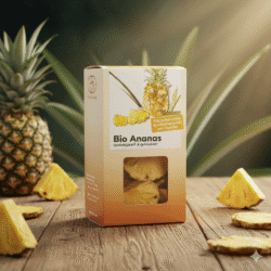 Bio Ananas getrocknet von BioUganda in der Schachtel - Symbolbild