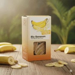 Bio Apfelbananen getrocknet von BioUganda in der Schachtel - Symbolbild