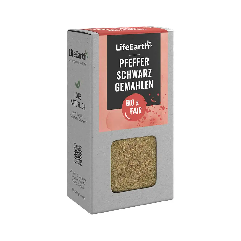 Fairtrade Bio Pfeffer schwarz gemahlen von Life Earth Verpackung