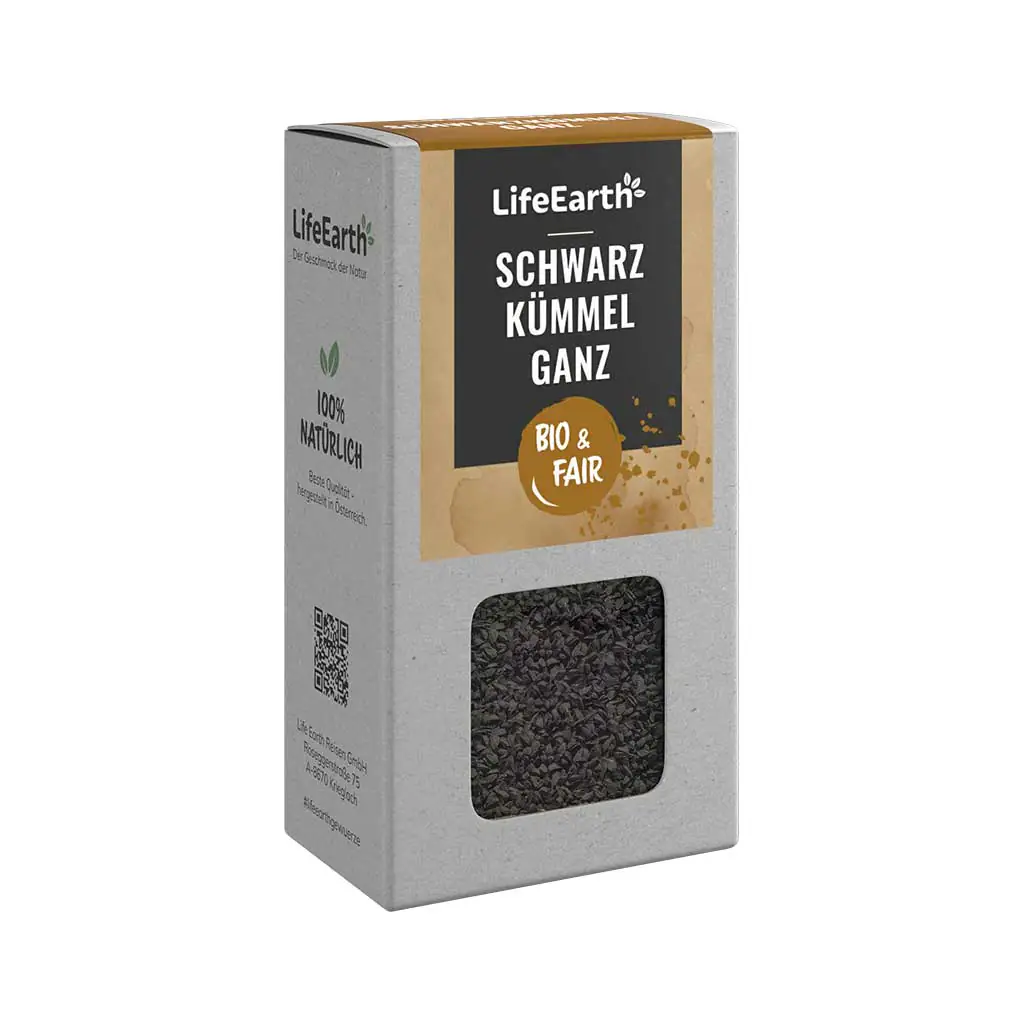 Fairtrade Bio Schwarzkümmel ganz von Life Earth Verpackung